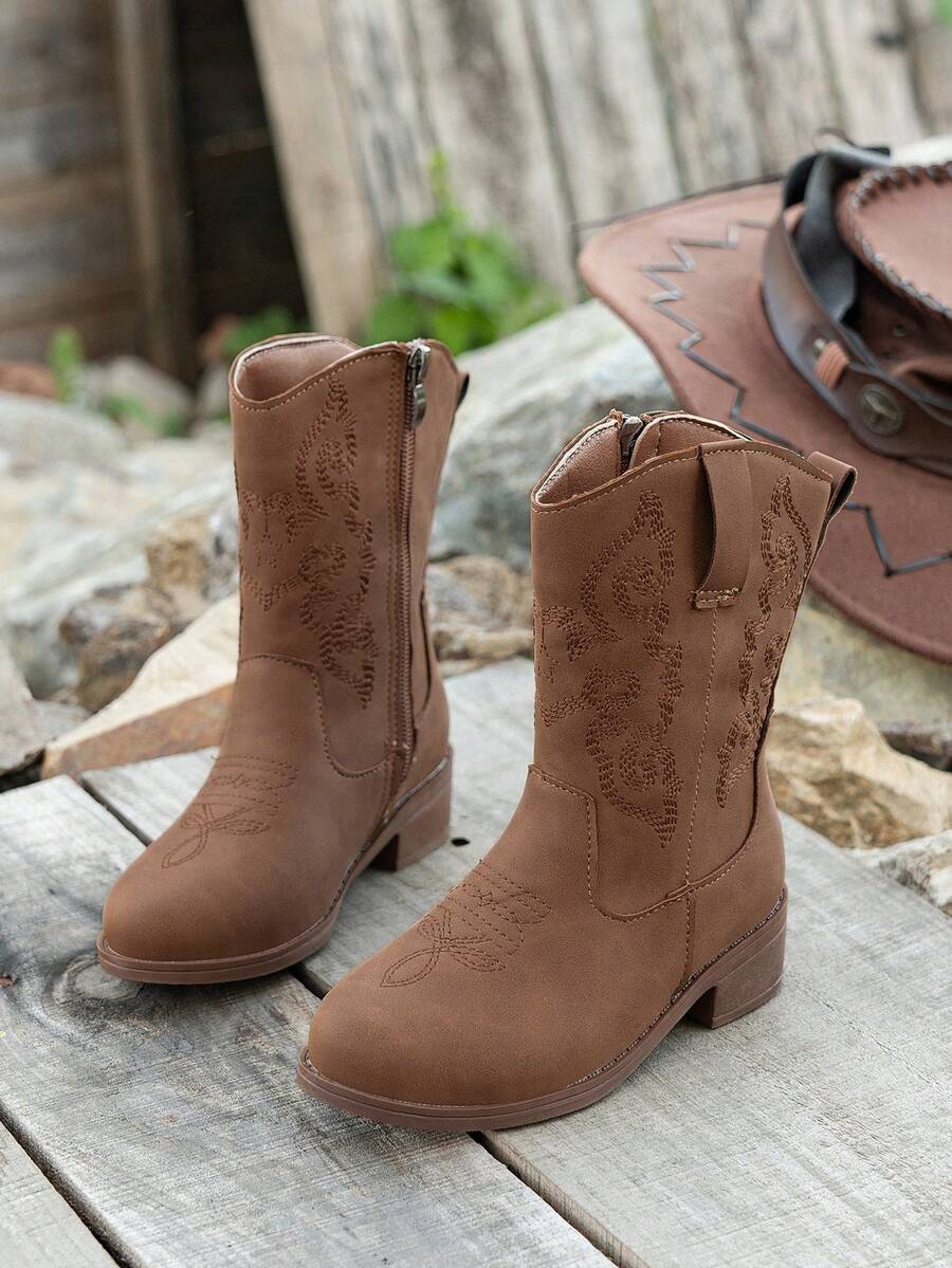 1 双 2025 新款西部牛仔复古短靴，尖头刺绣马靴，粗跟时尚百搭靴 - 棕色 - 查看 1