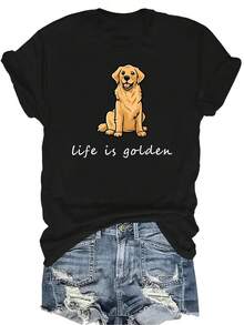 La vida es dorada Camiseta de Golden Retriever para mujer Unisex Verano Casual Transpirable Personalidad Cuello redondo Manga corta Camiseta Ropa de calle Versátil, Adecuado para adolescentes y adultos - Negro - Ver 1