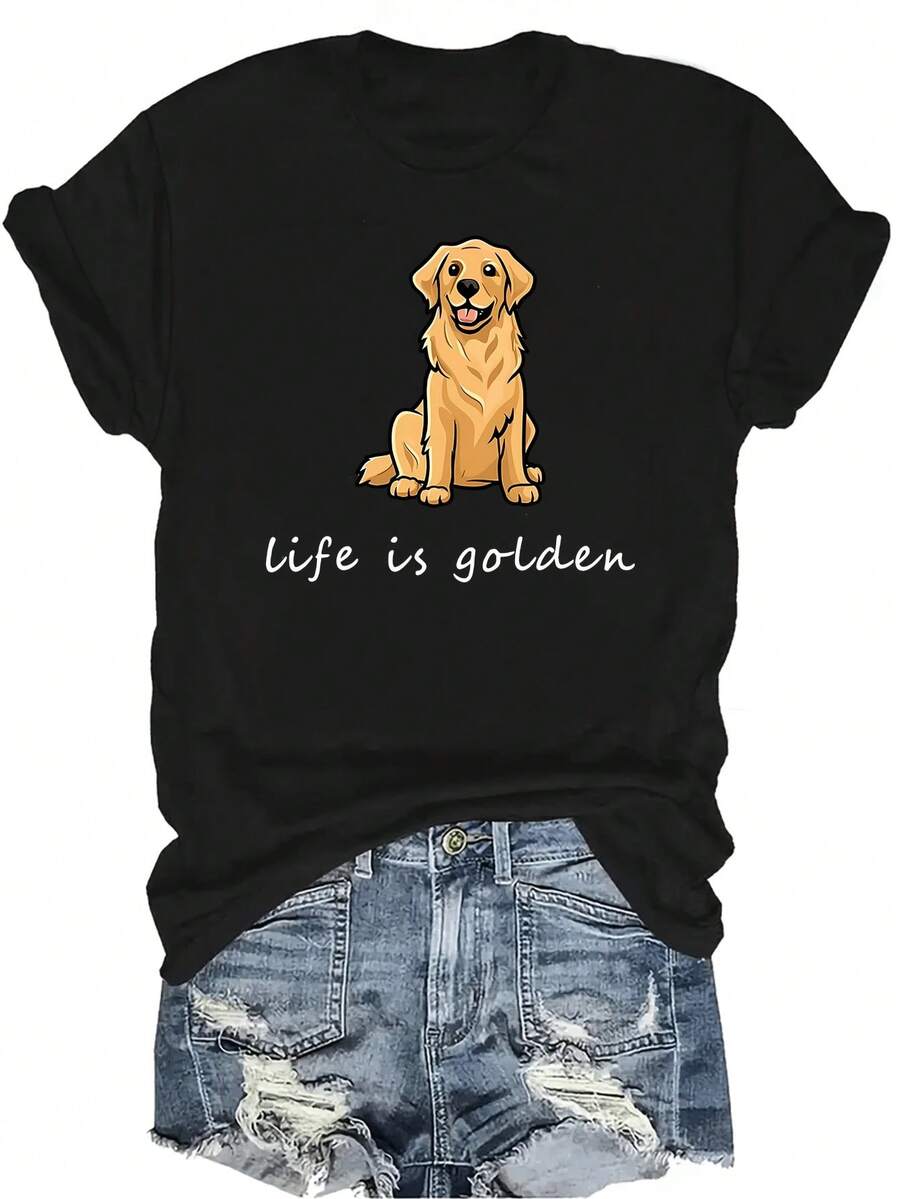 La vida es dorada Camiseta de Golden Retriever para mujer Unisex Verano Casual Transpirable Personalidad Cuello redondo Manga corta Camiseta Ropa de calle Versátil, Adecuado para adolescentes y adultos - Negro - Ver 1