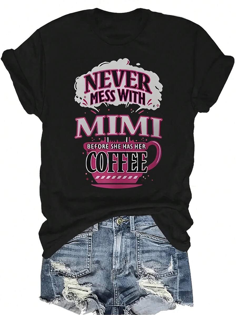 Camiseta con estampado de Mimi y café para mujer y unisex, de verano, casual, transpirable, de personalidad, de cuello redondo, de manga corta, de uso versátil, adecuada para adolescentes y adultos - Negro - Ver 1