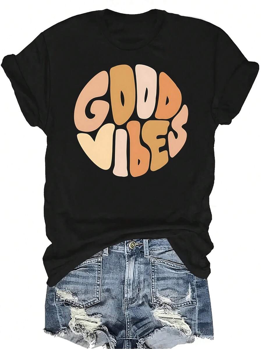 Camiseta "Good Vibes" para mujer y unisex, de verano, casual, transpirable, con personalidad, cuello redondo, manga corta, ropa de calle, versátil, adecuada para adolescentes y adultos - Negro - Ver 1