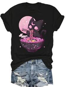 Camiseta de gato gótico pastel, estética kawaii, creepy, para mujer y unisex, de verano, casual, transpirable, de personalidad, de cuello redondo, de manga corta, ropa de calle, versátil, adecuada para adolescentes y adultos - Negro - Ver 1