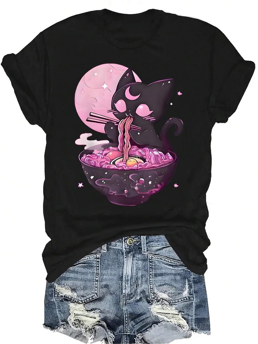 Camiseta de gato gótico pastel, estética kawaii, creepy, para mujer y unisex, de verano, casual, transpirable, de personalidad, de cuello redondo, de manga corta, ropa de calle, versátil, adecuada para adolescentes y adultos - Negro - Ver 1