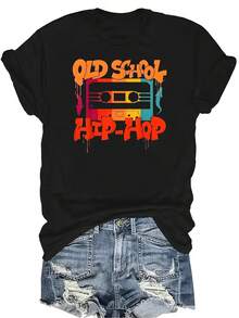 Camiseta retro de estilo hip hop de los 80s y 90s con estampado de casete y graffiti, de cuello redondo, manga corta, transpirable y casual, adecuada para adolescentes y adultos - Negro - Ver 1