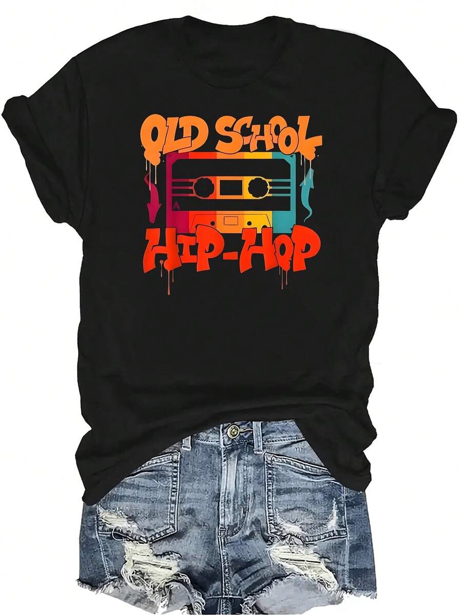 Camiseta retro de estilo hip hop de los 80s y 90s con estampado de casete y graffiti, de cuello redondo, manga corta, transpirable y casual, adecuada para adolescentes y adultos - Negro - Ver 1
