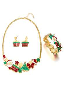1pc/Set Christmas Oil Drop Santa Claus & Christmas Tree Gift Box Necklace, Earrings, Bracelet, Suitable As Gift For Women