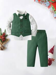 BOARNSEORL Bộ trang phục quý ông 3 món cho bé trai: Áo sơ mi cổ dài tay có nơ, áo vest kẻ caro xanh lá cây và quần dài, thời trang cho tiệc sinh nhật, đám cưới, Giáng sinh - màu xanh lá - Xem 2