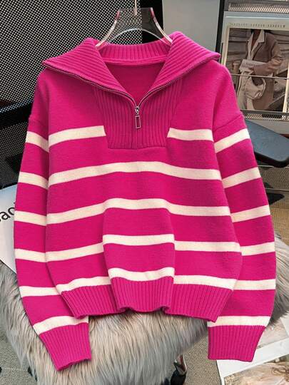 Nuevo suéter de punto con cremallera a rayas para mujer, de estilo minimalista y versátil, para otoño/invierno