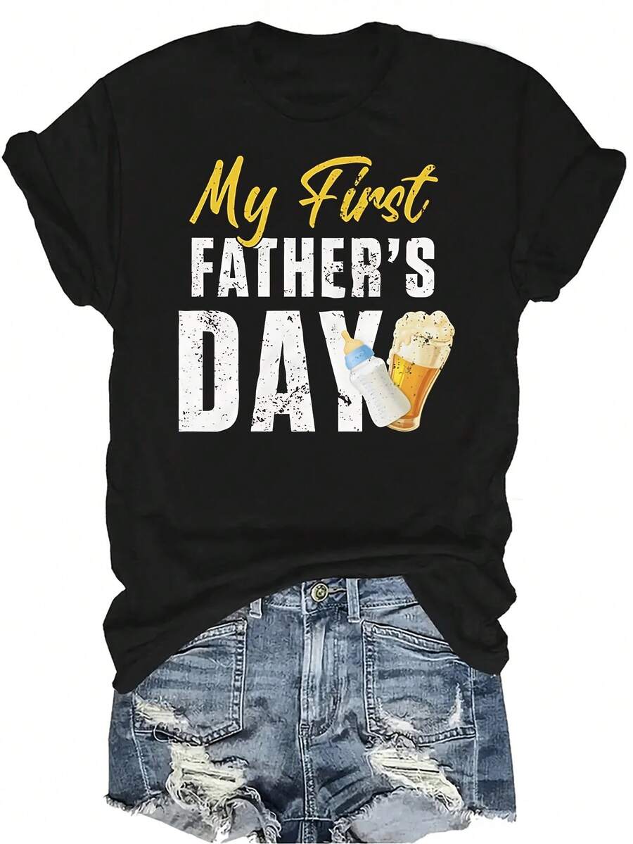 Camiseta para el Primer Día del Padre de Nuevo Papá, para Mujer y Unisex, de Verano, Casual, Transpirable, de Personalidad, Cuello Redondo, Manga Corta, Ropa de Calle, Versátil, Adecuada para Adolescentes y Adultos - Negro - Ver 1