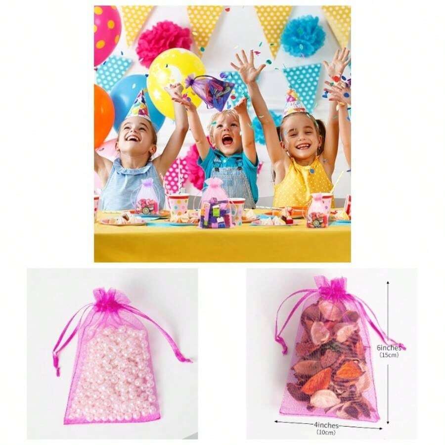 100PCS Organza Bags, 4x6 Inches 10x15cm Small Mesh Bags Drawstring, Jewelry Bags, Packaging Bags Valentines Day, Party, Festival, Bathroom Soaps, Makeup Organza Favor Bags White - Hot Pink - View 1