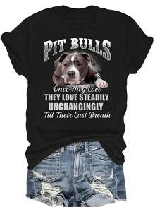 Camiseta para mujer y unisex de manga corta, de cuello redondo, casual, transpirable y con personalidad, con el texto "Once Pitbull Loves, They Love Forever", adecuada para adolescentes y adultos - Negro - Ver 1