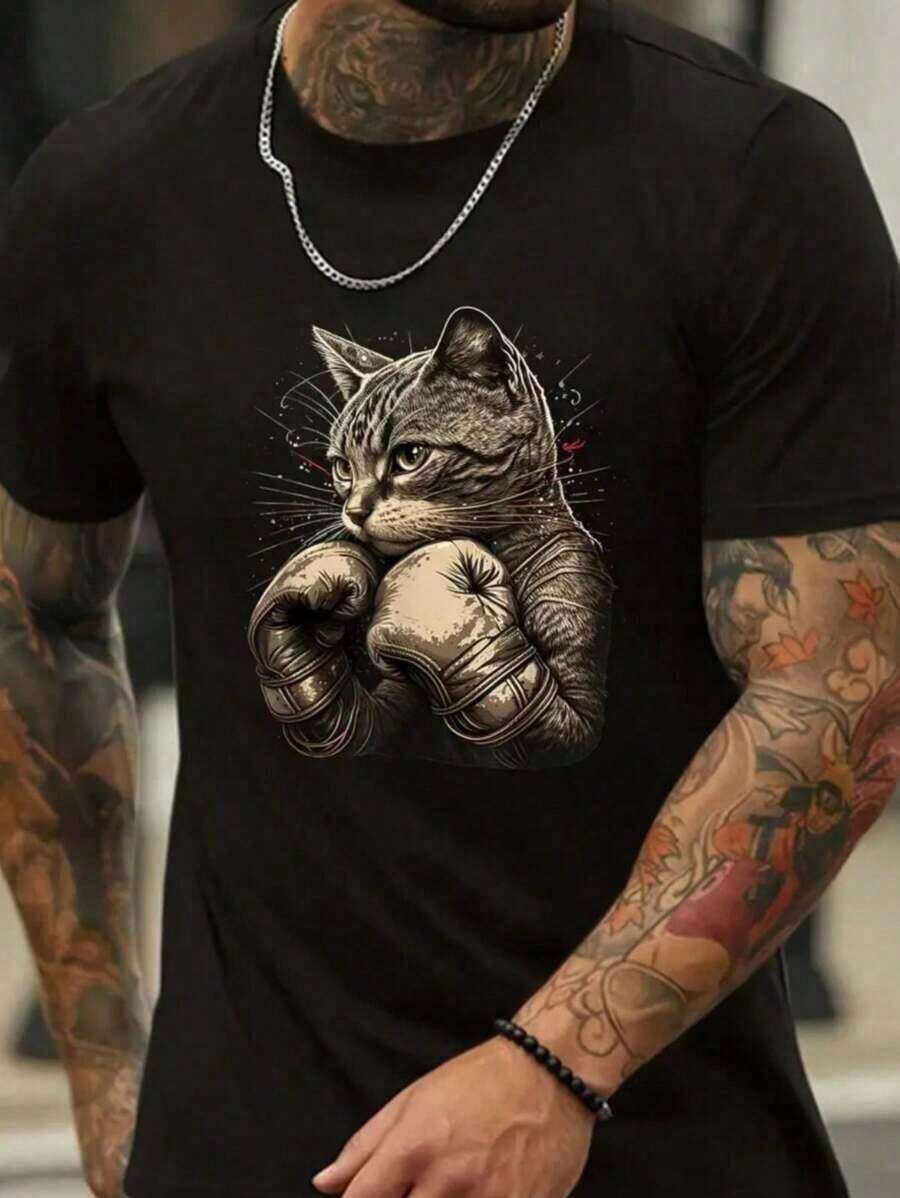 Camisa casual estampada gato boxe camiseta manga curta gola redonda 100% algodão - Multicolorido - Visão 1