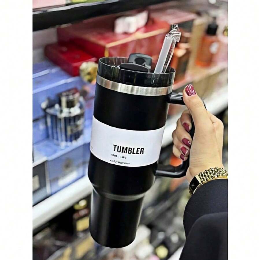40oz Large Capacity Stainless Steel Insulated Tumbler With Handle & Straw – Double-Wall Vacuum Insulation For Hot & Cold Beverages, Perfect For Home, Office, Gym, Or Camping – Durable, Portable, And Leak-Proof Design For All-Day Temperature Retention. - màu đen - Xem 1
