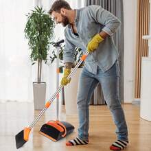 Broom And Dustpan Set With Long Handle And 6 Bonus Cleaning Tools, Upright Standing Combo With Self-Cleaning Teeth & Windproof Dustpan For Pet Hair, Home, Kitchen, Garage, Apartment - 黑黑橙色 - 查看 7