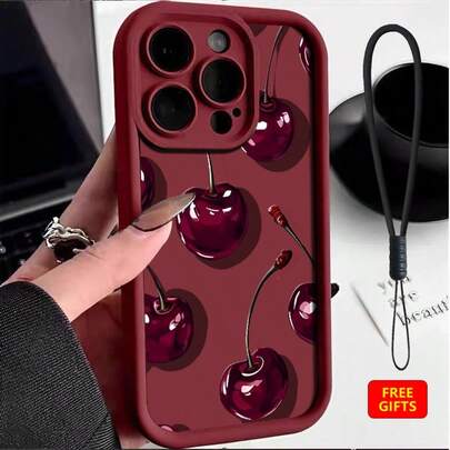 1pc Cherry Pattern Matte Lens Straight Edge Red Base Phone Case, Personalized Compatible With IPhone 16 Pro Max, 15, 14 Plus, 13, 12, 11 And Series