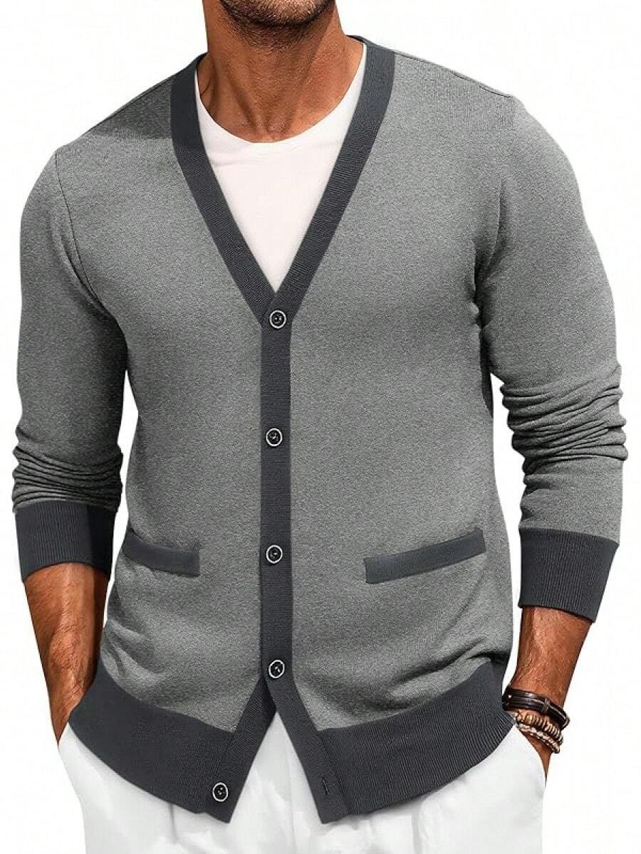 Men's Long Sleeve Button Down Knitted Cardigan Sweater With Pockets, Casual Style - 灰色 - 查看 1