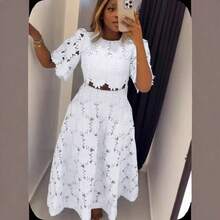 Conjunto de dos piezas de moda casual con diseño francés y calado para mujer - Blanco - Ver 3