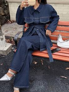 DEEKA 春秋新款女装时尚休闲复古收腰翻领牛仔夹克 - 藍色 - 查看 5