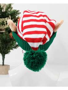 Christmas Hats For Men & Women, Christmas Theme Party Gift, Knitted Striped Cartoon Reindeer Long Beanie, Clown Hat - Green - View 5