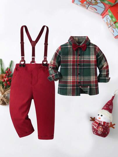 BOARNSEORL Young Boys Gentleman Outfit, Long Sleeve Striped Shirt With Random Bow Tie And Overalls, Fashiontic, Suitable For Christmas Party, Wedding, Birthday Celebration