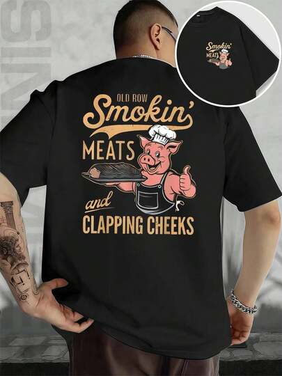 BBQ Smokin Meats Pig Chef Tee , Men's Double-Sided Printed Fashionable Casual Crew Neck 220gsm Pure Cotton T-Shirt(1 PC)