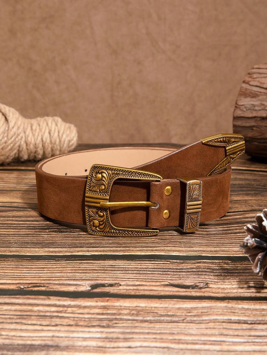 1 件咖啡色西式雕刻花卉图案绒面革女士休闲腰带，秋冬