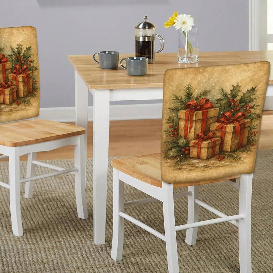2/4/6 peças, capas de cadeira de linho estampadas com estampa de presente de Natal, adequadas para decoração de Natal, decoração diária para casa, sala de estar, sala de jantar ou jardim, festas de fim de ano em restaurantes de hotéis, capas de almofada de assento de cadeira de poliéster lavável - Multicolorido - Ver 1