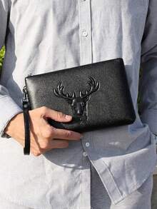 1 件黑色鹰/鹿头图案 PU 皮革手拿包，时尚简约商务风格男士腕包，拉链开合带腕带，可容纳手机、现金、卡，防水防刮，轻巧便携，适合工作、会议、用餐，是送给男士、丈夫、老板、同事的绝佳礼物