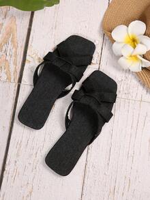 Women's Flat Square Toe Criss-Cross Strap Sandals, Camouflage Solid Color Fashion Elegant Fabric Bowknot Slippers For Indoor And Outdoor, Spring/Summer - Black - View 8