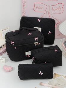 Bolsa de cosméticos con patrón de lazo bordado en rosa, bolsa de almacenamiento de cosméticos acolchada de espuma, bolsas de maquillaje de viaje lindas, bolsa de almacenamiento de artículos multifunción, bolsa de gran capacidad - Negro - Ver 14