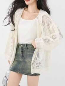 法式蕾丝拉链连帽薄款开衫，休闲轻薄长袖外套，适合春夏季 - 杏色 - 查看 5