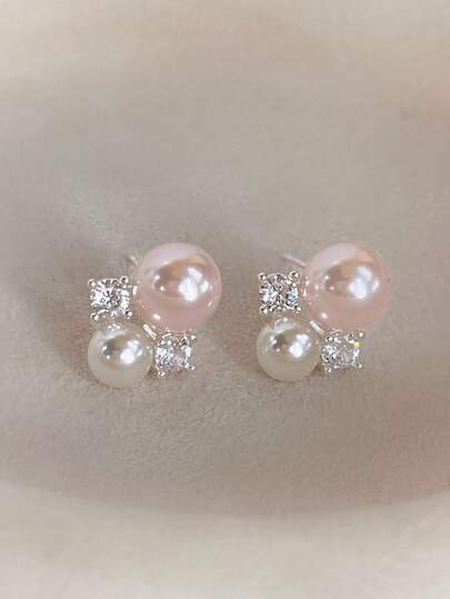 1 par eleganta franska stil söta & milda personliga rosa pärlinläggningar av kristall örhängen, lämpliga för kvinnors vardag, pendling, dejt, högtid, förlovningskläder