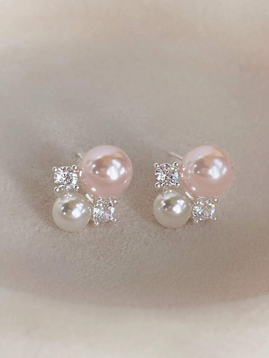 1 对优雅法式甜美温柔个性化粉色人造珍珠镶嵌水晶耳钉，适合女性日常、通勤、约会、度假、订婚佩戴 - 銀色 - 查看 1