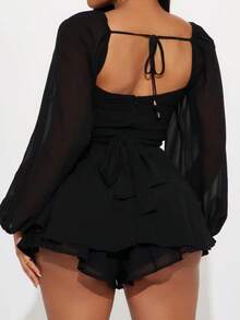 V-Neck Lantern Long-Sleeved Ruffle Strap Dress With Pants Skirt - Black - View 5