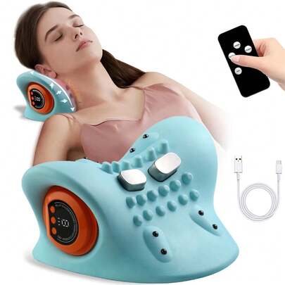Back Shoulder And Neck Massager With Heat, EMS Back Massager, Shoulder Relaxer, Neck Cloud - Cervical Traction Device, Cervical Traction Pillow, 3 Modes, 6 Speeds