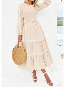 KIRUNDO Smocked Boho Tiered Lace Trim Flowy Maxi Dress Long Dresseshalloween - Màu be - Xem 9