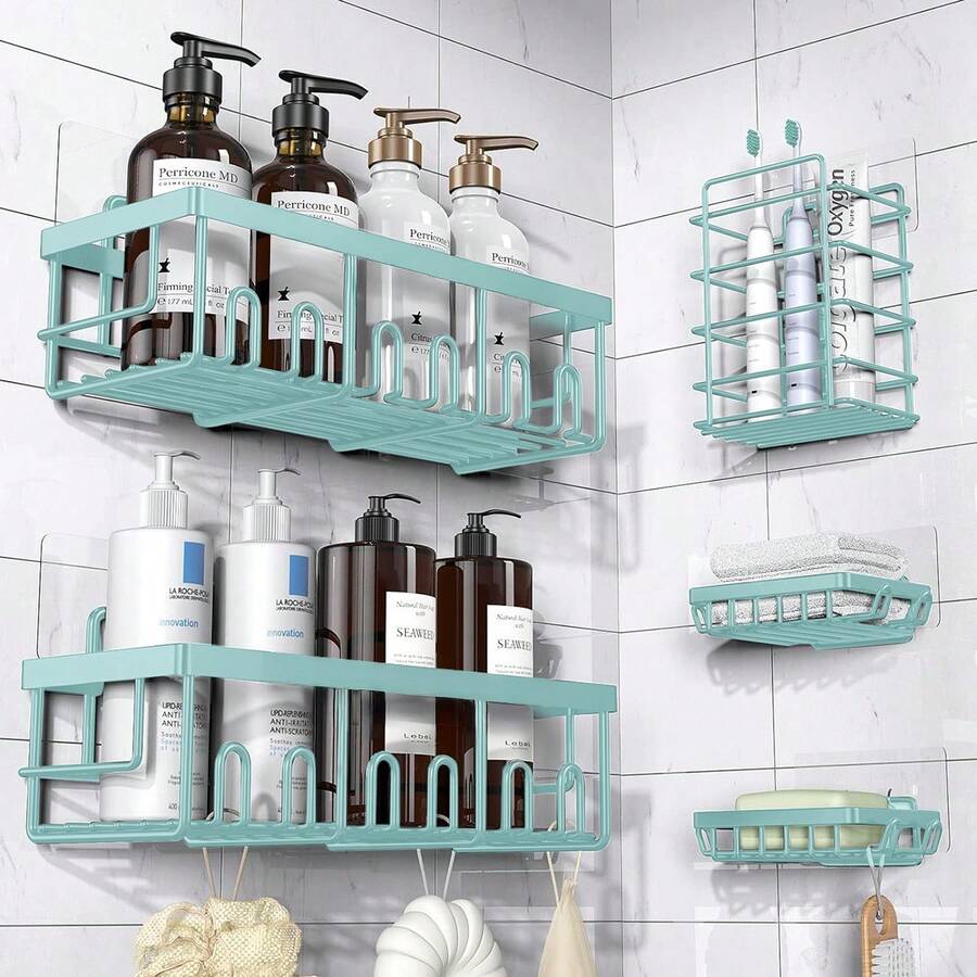 Adhesive Shower Caddy, 5 Pack Rustproof Stainless Steel Bath Organizers With Large Capacity, No Drilling Shelves For Bathroom Storage & Home Decor - 薄荷綠 - 查看 1