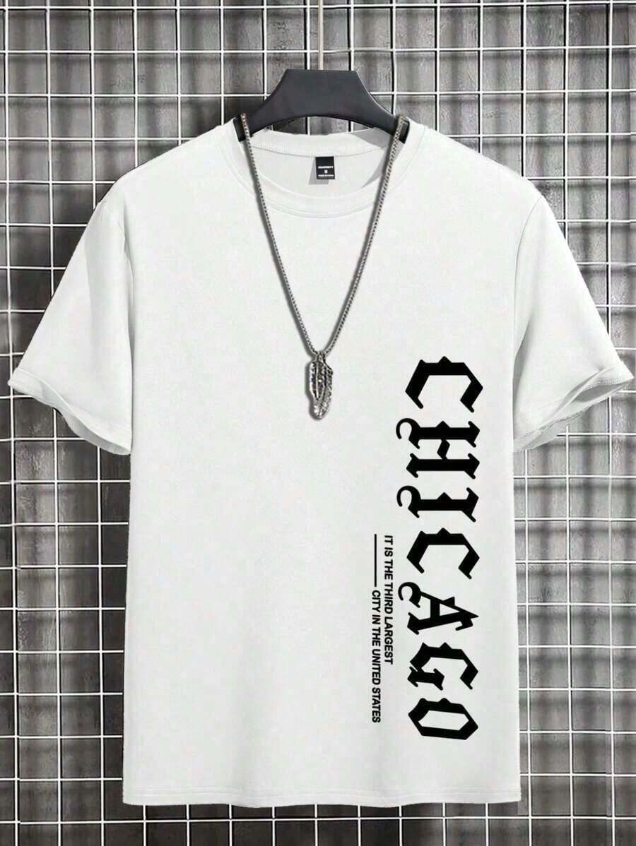 Manfinity CHICACO Men's Casual Letter Print Round Neck Short Sleeve T-Shirt, Men's T-Shirts - 白色 - 查看 1