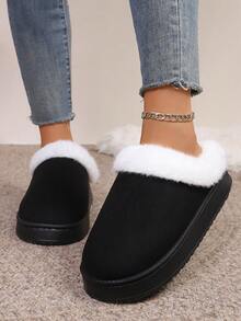 Chinelos de Pelúcia Femininos de Estilo Minimalista de Luxo para Outono/Inverno, Cor Sólida, Forro de Pele, Slip-On, Bico Fechado, Sola Grossa, Leves, Confortáveis, Quentes, Sapatos Internos Adequados para Uso Externo - Preto - Visão 4