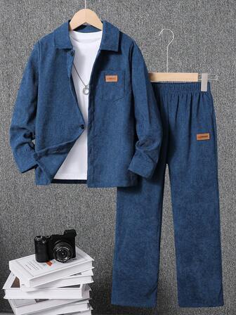 Conjunto de 2 piezas de camisa de manga larga con bolsillo y pantalón largo de unicolor casual para niños, primavera/otoño