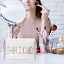 Bride Patch Letter Makeup Bag For Women - Luxury White Pearl Rhinestone Travel Toiletry Pouch & Purse Organizer, Elegant Bridesmaid Engagement Wedding Gift , High-Density Nylon & Soft Lining,  Design For Cosmetics, Skincare & Daily Essentials, Perfect For Bridal Shower, Honeymoon, Anniversary & Birthday Presents, Stylish & Practical Accessory For Modern Ladies .Beauty And Makeup Bag For Bridesmaids, Skincare And Toiletries Bag, Lightweight Multifunctional Storage Bag, Travel Essentials, Back To School Supplies, Used For Gifts, Girls, Friends, Weddings - 彩色 - 查看 10