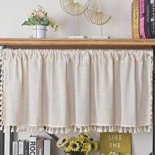 Sutuo Home Boho Sheer Curtain Valance Cotton Linen With Bohemian Handmade Tassels, Short French Farmhouse Window Treatment For Kitchen Cafe, Rod Pocket, 1 Panel 59" W X 18" L, Natural - 亞麻紋理59寬x18升1包 - 查看 8