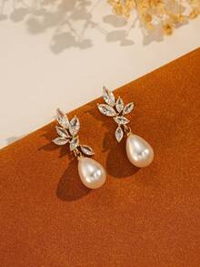 1 对华丽的镀金珍珠和方晶锆石吊坠耳环 - 适合日常佩戴、宴会、聚会、婚礼 - 新娘珍珠耳环 - 多色4號 - 查看 7