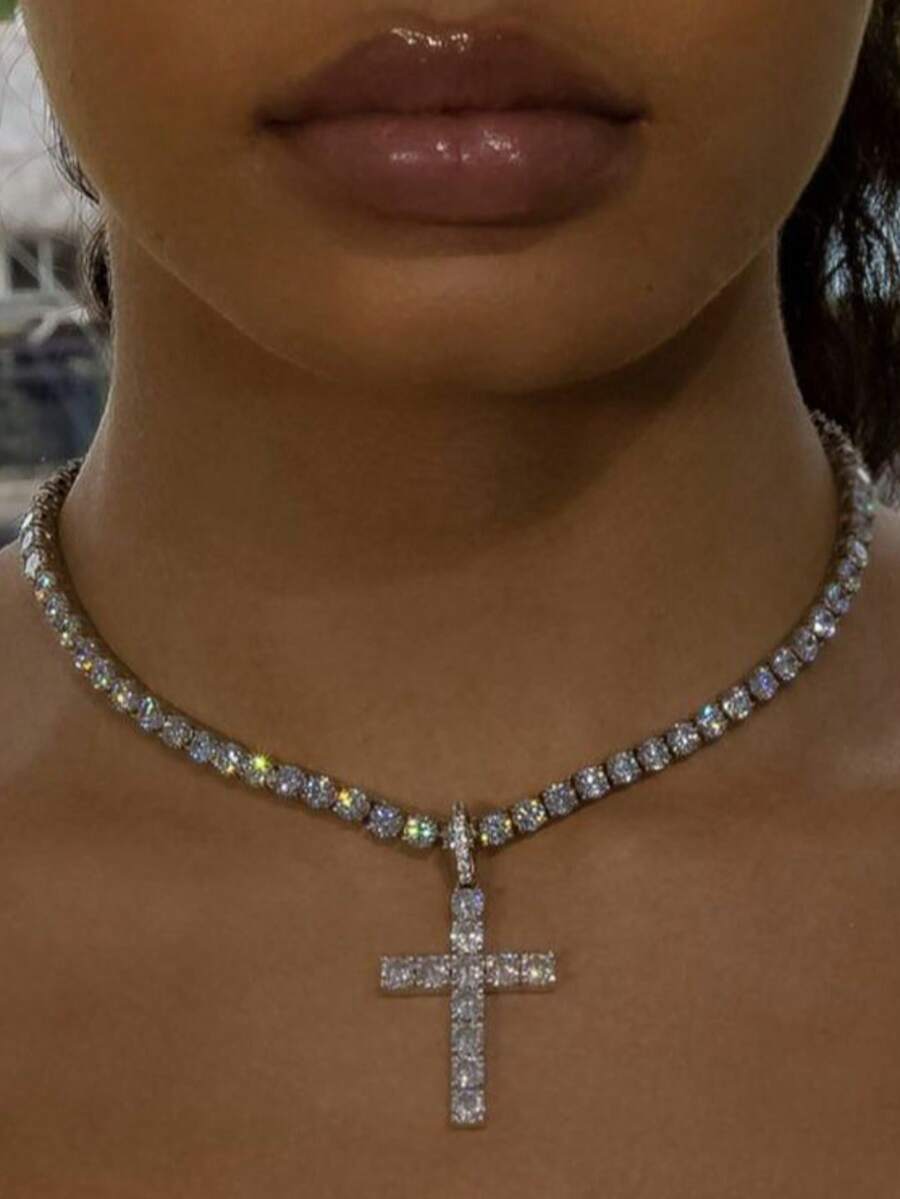 1 pieza Collar de mujer con adornos de strass, collar para ocasiones formales - Plata de 18 pulgadas - Ver 1