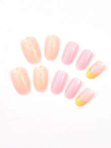 24 piezas. Remaches con forma ovalada. Estilo francés. Rayas rosas. Lunares amarillos. Adecuado para todas las estaciones (primavera, verano, otoño, invierno). Decoración de uñas DIY para embellecer las uñas. Adecuado para niñas/mujeres para uso diario. Aplicable para citas, vida diaria, fiestas, temporada de regreso a la escuela y otras ocasiones. + 1 botella de esmalte de uñas líquido + 1 lima de uñas, ¡para decorar las uñas y hacer arte de uñas DIY!