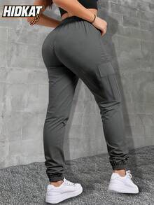Hidkat Women'S Casual Drawstring Waist Cargo Pants With Pockets, Comfortable Streetwear Trousers For Autumn/Spring Tights - Grey - View 3