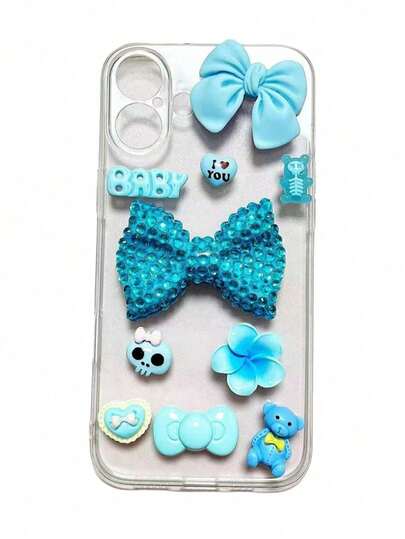 10pcs DIY Salon Handmade Kit - Cool Winter Blue Ocean Series: Large Full Rhinestone Bow, "BABY" Letter Skull Bear, Egg Flower Bow, Cartoon Bear, Resin Phone Case, Cute Pendant Decor, 3D Handmade Accessories, DIY Hair Clips, Fridge Magnets