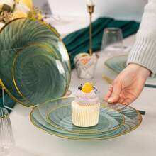 60PCS Green Plastic Plates Party, Heavy Duty Disposable Plate With Gold Rim, Elegant Design 30 Dinner 30 Dessert Plates Wedding, BirthdayTranslucent Green - màu xanh lá - Xem 6