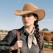 Classic Western Felt Cowboy Hat With Wide Brim For Outdoor Use - 1 Pack Style 7: Camel With Rhinestones Hatband - View 11