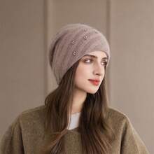 Women Slouchy Hat, Elastic Knitted Hat Pearls Soft Beanie Warm Cap For Casual Daily - Khaki - View 4